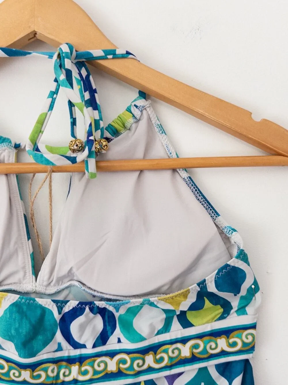 Trina Turk Tankini Swimsuit Size 6/8 Blue Green Geometric Halter 2 Piece 2000s - Picture 10 of 16